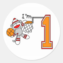 Sock Monkey Hoops 1st Birthday Round Stickers