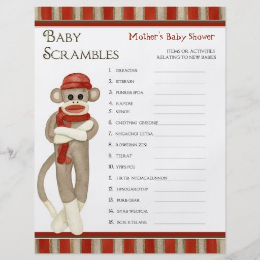 Sock Monkey, Shower Bingo n Scramble Game Full Color Flyer