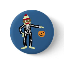 Sock Monkey Skeleton Halloween Pinback Button