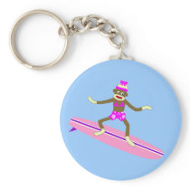 Sock Monkey Surfer Girl Key Chain