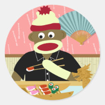 Sock Monkey Sushi Round Stickers