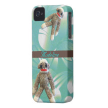 Sock Monkeys on Hawaiian  Print Turquoise iPhone 4 Case-Mate Cases