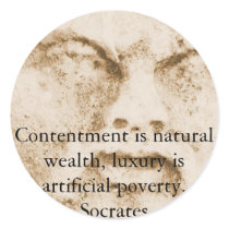 Socrates quote about minimalism and materialism round stickers