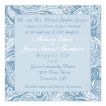 Soft Medium Blue White Paisley Wedding Invitiation Invite