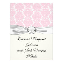 soft pink and white flourish damask pattern invites