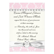 soft pink and white flourish damask pattern personalized invitations