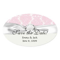 soft pink and white flourish damask pattern oval sticker