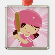 Softball Girl Batter in Pink and White Christmas Ornaments