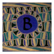 SOLAR GOLD MONOGRAM,bright blue turquase black Custom Invitations