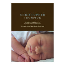 Solid sophistication brown blue photo baby birth invitations