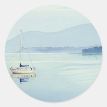 "Solitude" Single Sailboat Watercolor Round Stickers