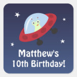 Space birthday sticker with alien in spaceship