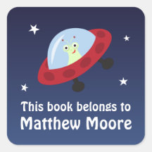 Space bookplate stickers with alien in spaceship