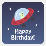 Space theme happy birthday sticker with cute alien