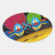 Spacemen Flying Spaceship over Planet Sticker
