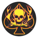 SPADE, SKULL AND FLAMES ROUND STICKER