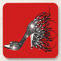 Sparkling Black Stiletto on Red Coaster