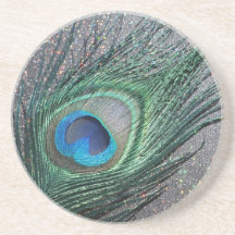 Sparkly Black Peacock Feather Still Life Beverage Coaster