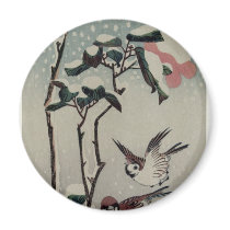 Sparrows and Camellias in the Snow. Japan. Magnet