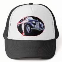 Speedster car red high heel shoes lady legs trucker hat