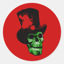 Spooky Green Skull with Top Hat Round Stickers