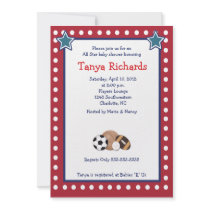 Sports All Stars Red Border Baby Shower Invitation