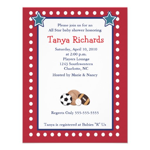 Sports All Stars Red Border Baby Shower Invitation