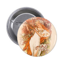 Spring - Alphonse Mucha Art Nouveau Pinback Buttons