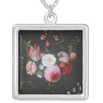 Spring Flowers in a glass vase, 17th century necklaces