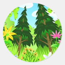 Spring Forest Trees and Flowers Scene Round Stickers