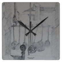 Square clock with kitchen ladles and utensils.