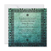 Square Ornate Green Damask Gothic Wedding Invitati