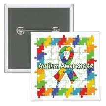 Square Puzzle Autism Awareness Ribbon Pinback Buttons