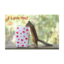 Squirrel Looking Inside Heart Box, "I Love You" Gallery Wrapped Canvas