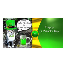 ST PATRICK'S DAY CAT,GREEN IRISH BEER ,GOLD BOW PHOTO GREETING CARD