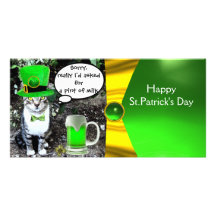 ST PATRICK'S DAY CAT,GREEN IRISH BEER ,GOLD BOW PICTURE CARD