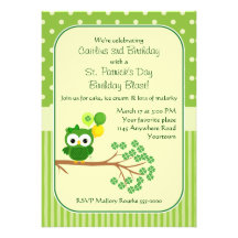 St. Patrick's Day Girl's Birthday Owl Invite