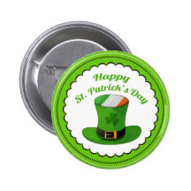St. Patrick's Day Leprechaun Hat & Shamrock Clover Pinback Button