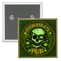 St Patrick's Day Pirate Pub Skull Button
