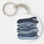 Stack of blue jeans key chains