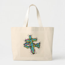 Stained glass graphic of The Cross and The Fish. Bag