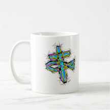 Stained glass graphic of The Cross and The Fish. Coffee Mug