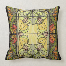 Stained Glass in Moss and Orange Throw Pillows