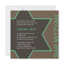Star of David Bar Mitzvah - Green & Brown Invite