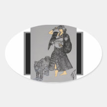 Star Princess Walking a Wet Tiger Fantasy B/W Art Oval Sticker