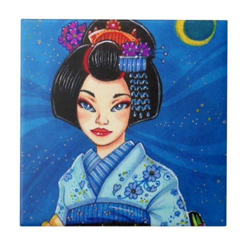 Starry Night Geisha Japanese Art Tile