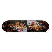 Steaks, burgers, chicken skate board deck