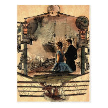 Steam punk, vintage style art postcard