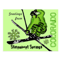 Steamboat Springs Colorado green skier postcard