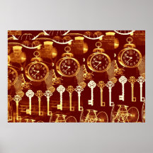 Steampunk abstract skeleton keys clocks poster